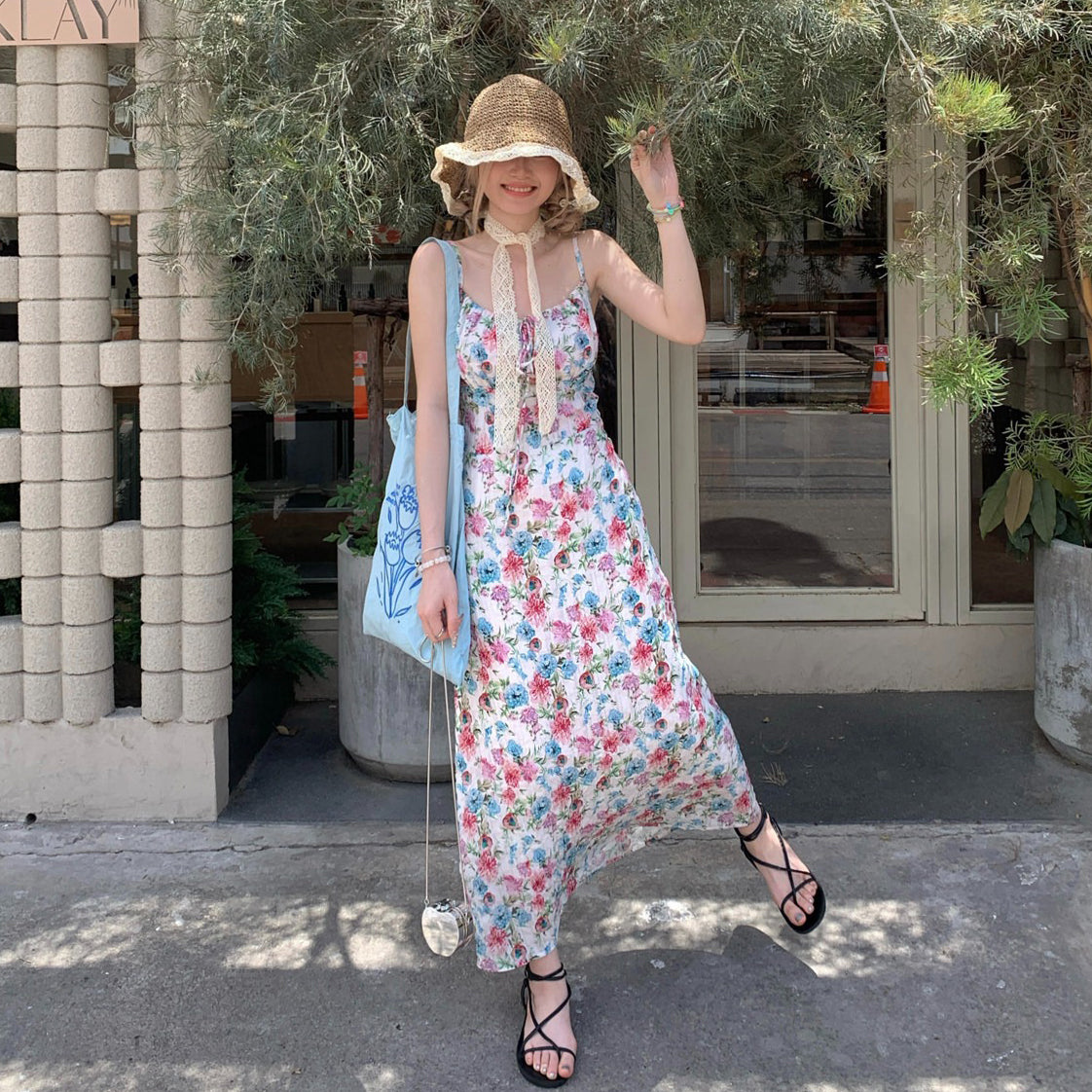 M~4XL【セットアップ】【単品注文】大きいサイズ 花柄キャミワンピース レディース 夏 ウエストシェイプ ゆったりAライン ノースリーブ 着痩せデザイン ロング丈【SHシリーズ】