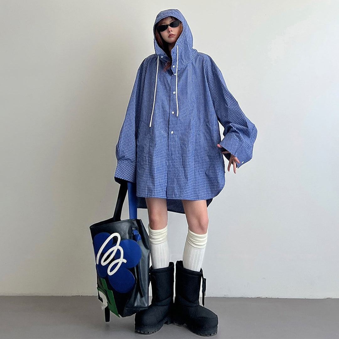 【アウター】春秋 ファッション チェック柄 フード付き ゆったり シャツカーディガン【FCシリーズ】