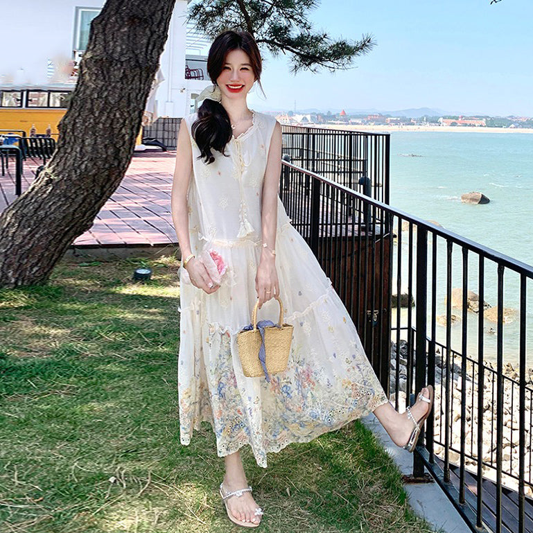 【ワンピース】スイート系 小花柄 ノースリーブ ワンピース 夏 上品 細見え タンク ロングドレス【SHシリーズ】