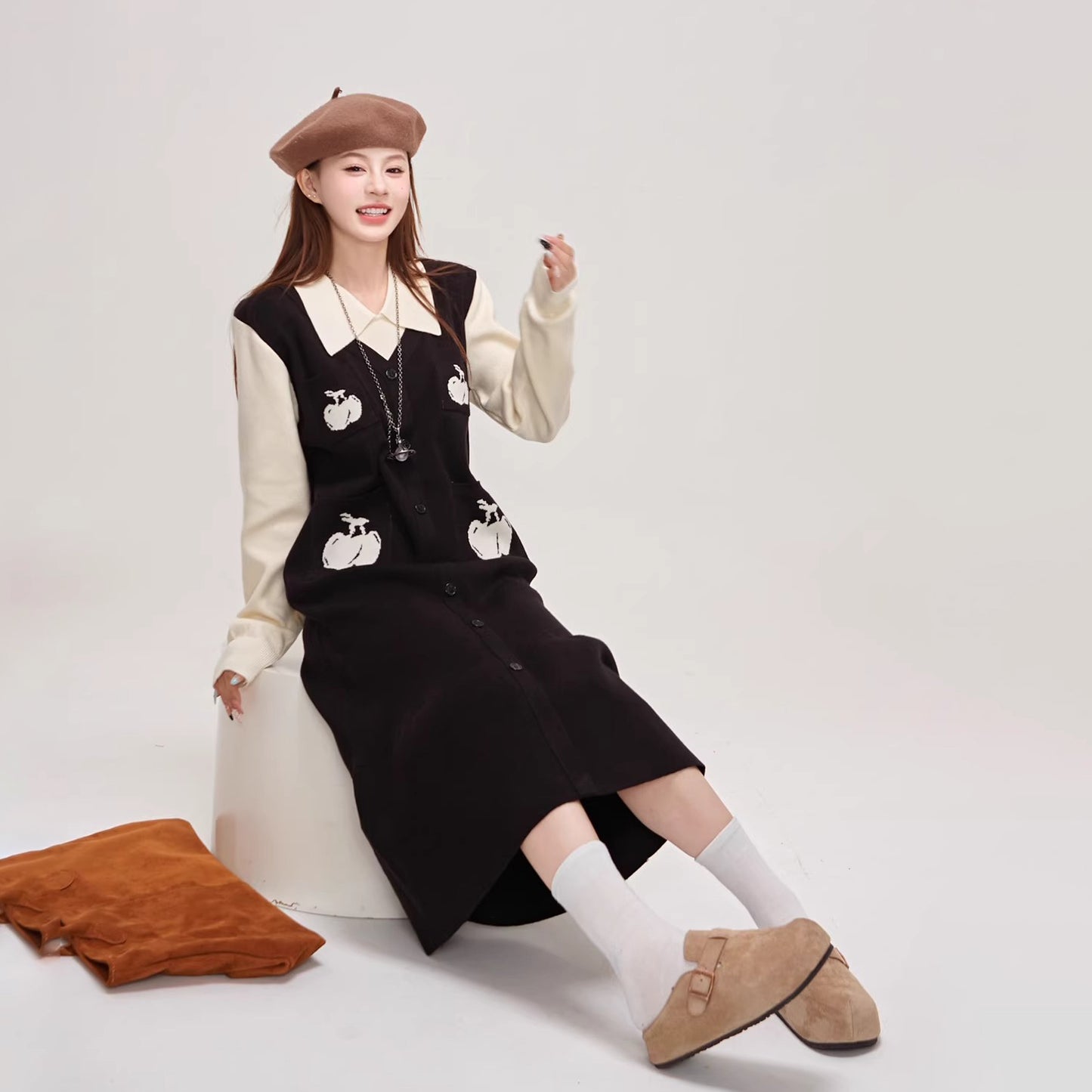 【ワンピース】🍒チェリーデザイン♡ツーピース風ニット長袖ワンピース 冬 レディース 高級感【JZシリーズ】