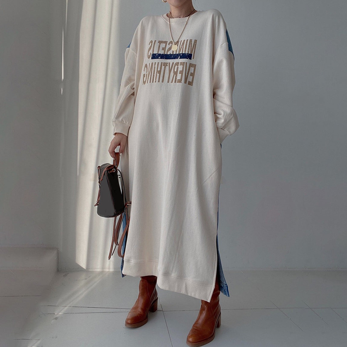 💎コスパ抜群💎【ワンピース】春秋冬 シンプル ラウンドネック レタープリント 切り替え デニム 長袖ワンピース【FCシリーズ】