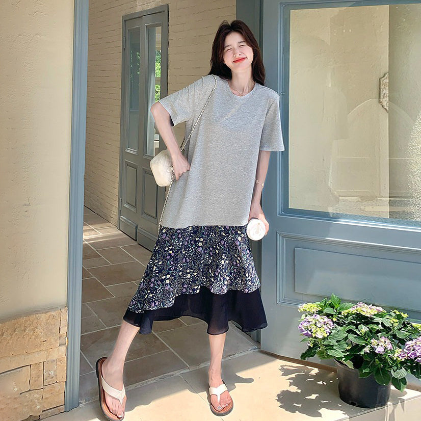 【ワンピース】ワンピース レディース フラワープリント 切替デザイン 半袖 Tシャツワンピース ミディ丈 フレンチレトロ カジュアル【SHシリーズ】