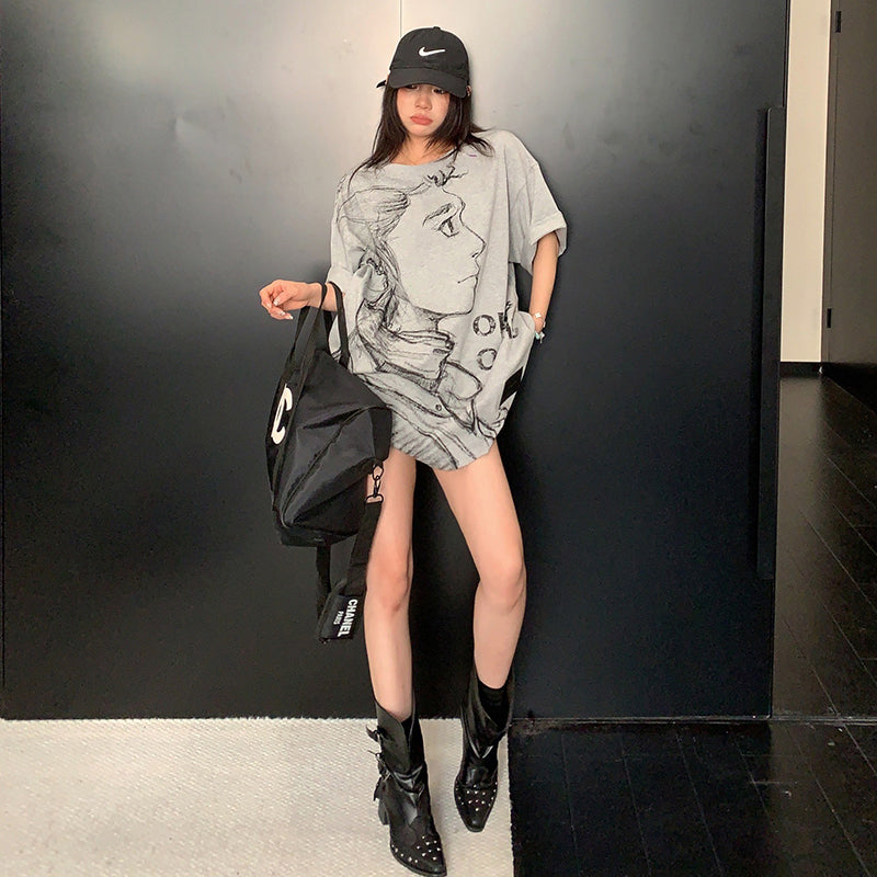 【トップス】ヴィンテージ風 スケッチプリントTシャツ レディース 夏 ルーズフィット 半袖【FCシリーズ】