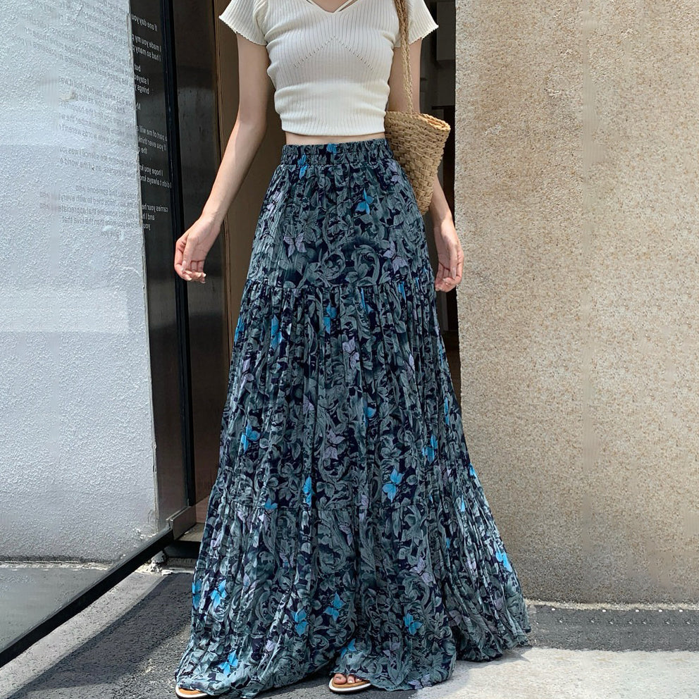 【ボトムス】フレンチ花柄スカート レディース 夏 シフォン素材 ティアードロングスカート ハイウエスト 上品フェミニン【SHシリーズ】