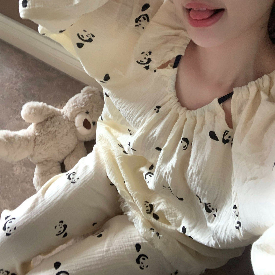 S~5XL【インナー】パンダ柄 チャイニーズテイスト 長袖 ワイドシルエット ルームウェア 大きいサイズ レディース 春秋