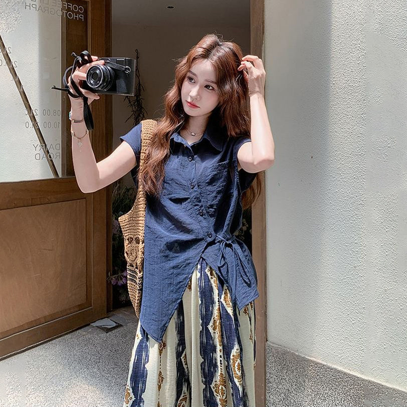 2点セット!【セットアップ】レトロ感漂うアシンメトリー ノースリーブシャツ+プリントワイドパンツ 上下セットアップ【SHシリーズ】