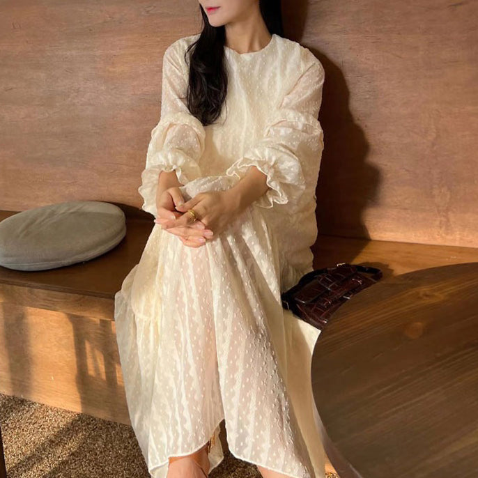 【ワンピース】chic 夏春秋 エレガント ラウンドネック 透かし雕り レース 長袖ワンピース