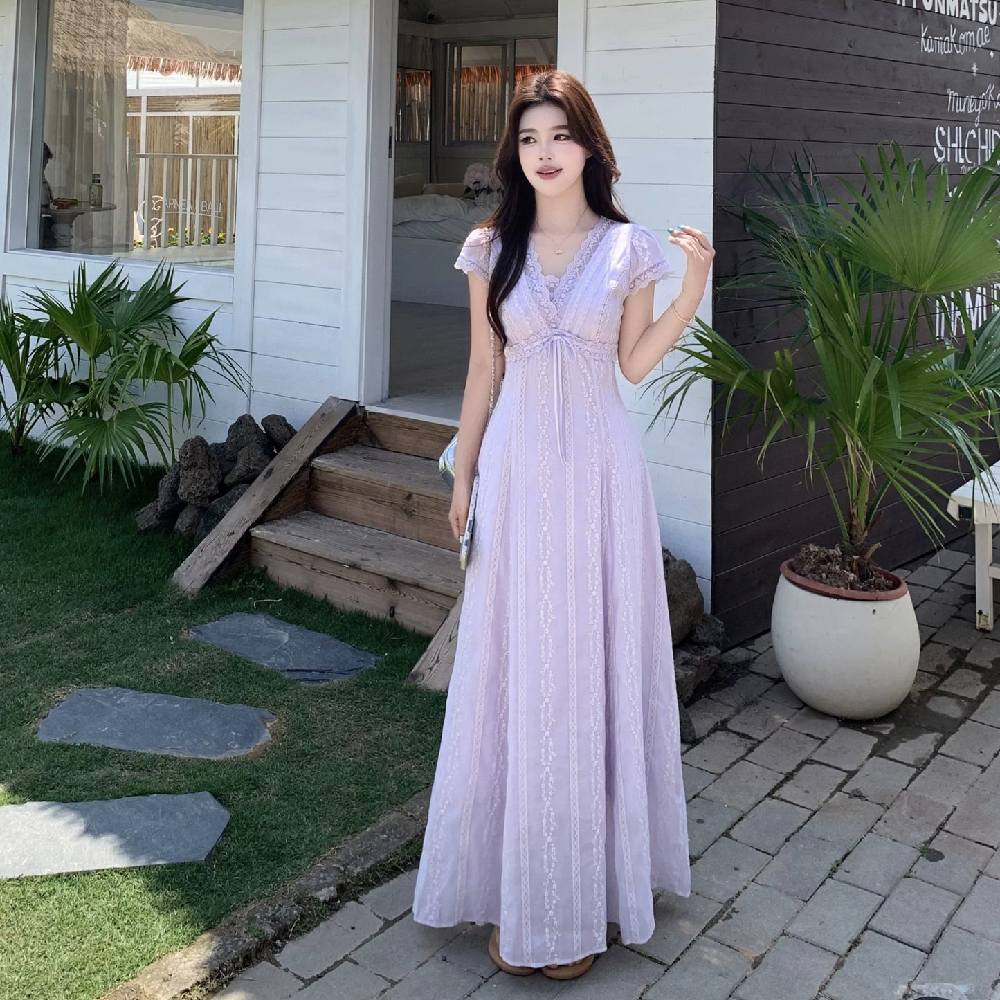 M~4XL【ワンピース】レース切替ワンピース レディース 夏 半袖 フレンチ風 ウエストマーク 体型カバー【JZシリーズ】