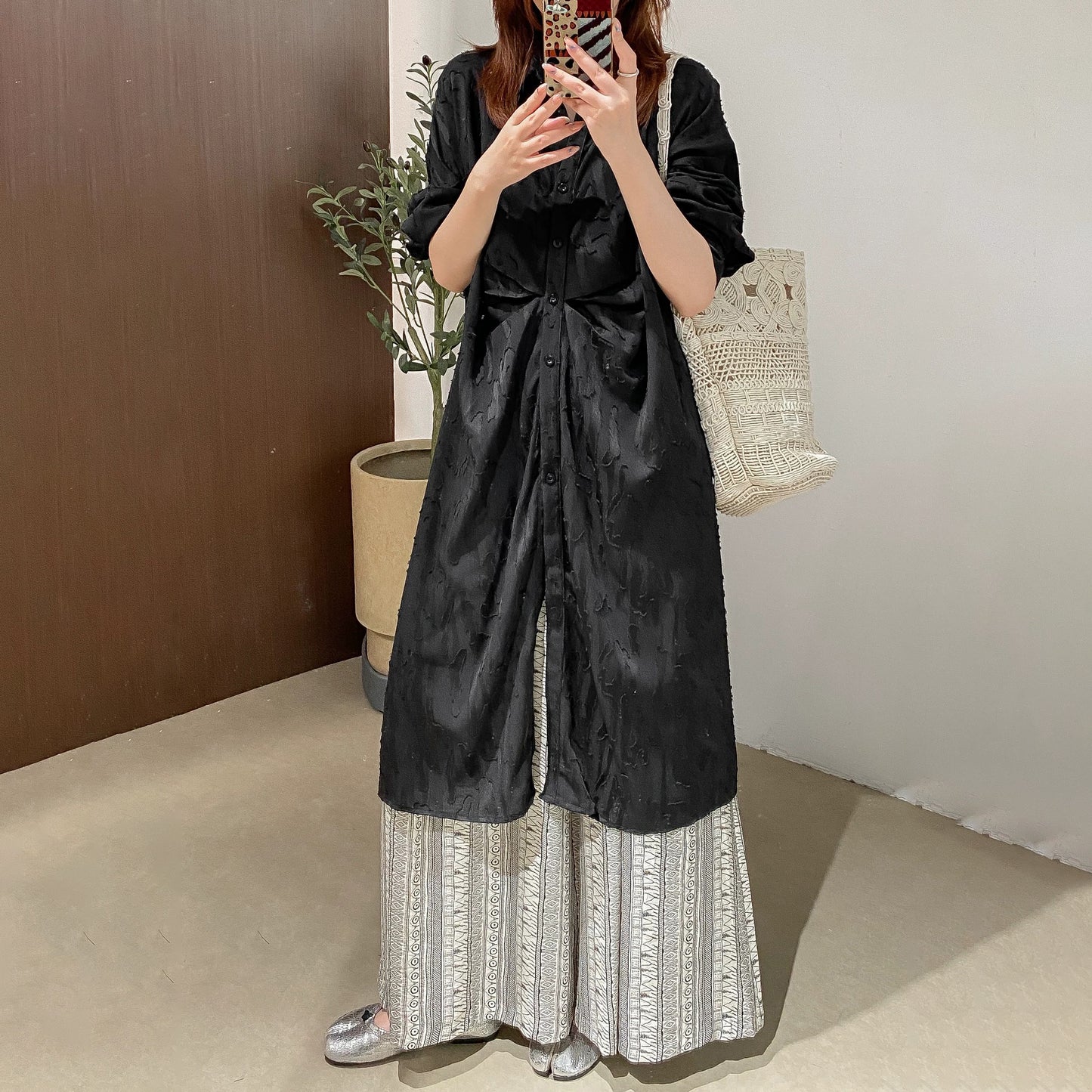 【ワンピース】文芸スタイル プリーツデザイン 立体花柄 長袖 薄手 UVカット シャツワンピース【JZシリーズ】