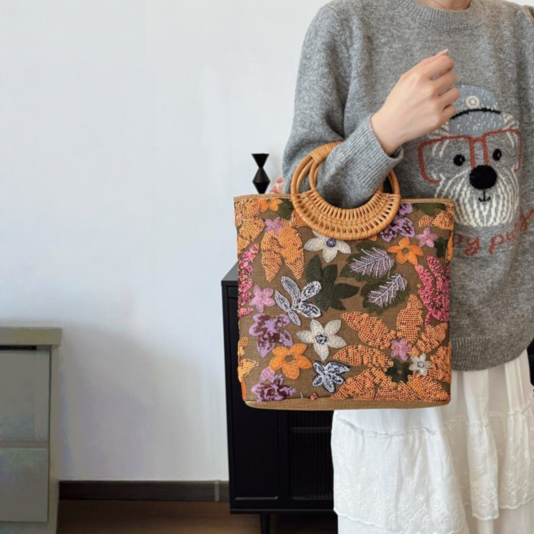 【バッグ】フラワー 竹ハンドル 刺繍 スパンコール バケットバッグ 【SHシリーズ】