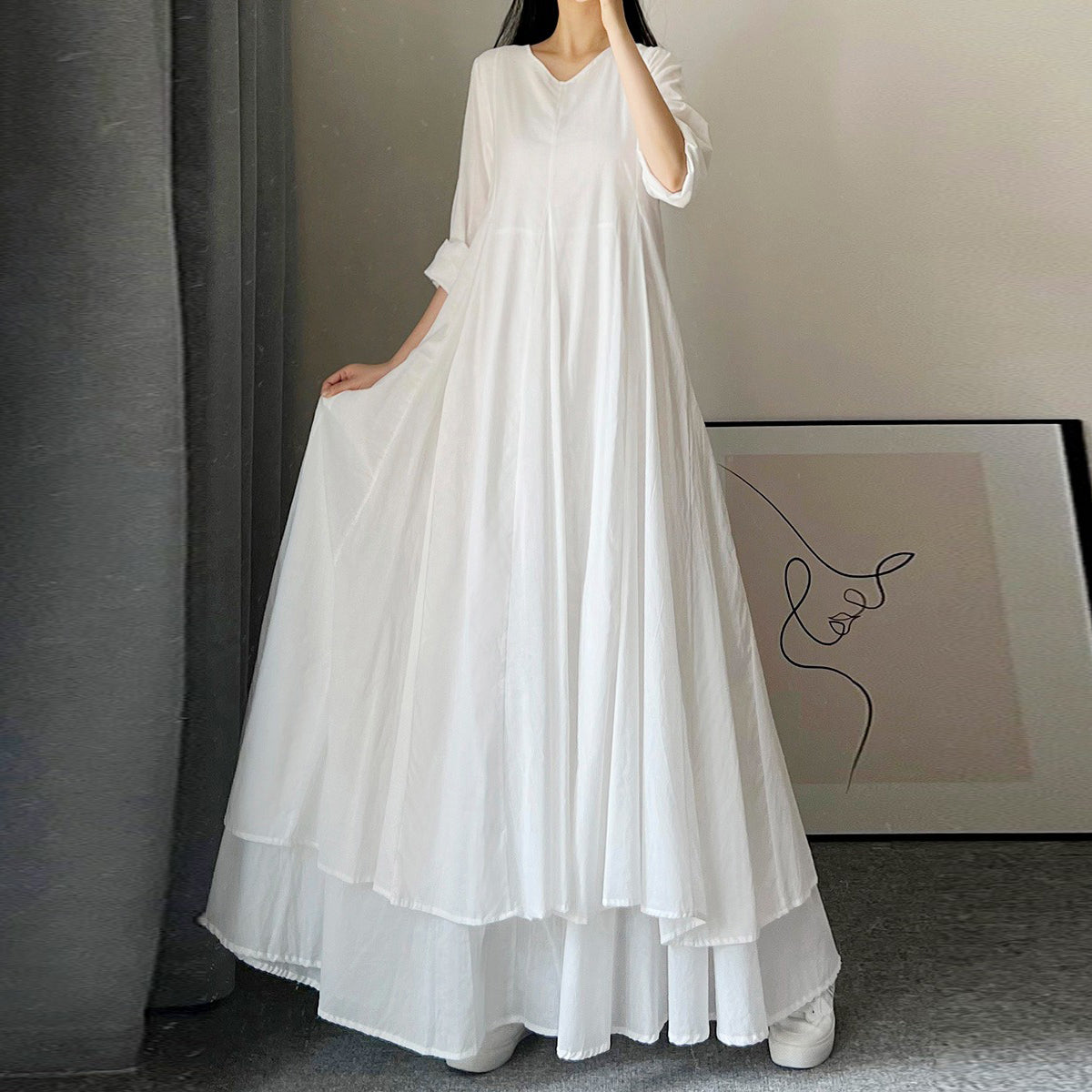 【洋裝】夏季新品:復古喇叭廓形,100%純棉,文藝風,長袖洋裝