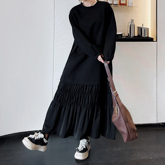 【ワンピース】春秋冬 無地 プリーツ ルーズカジュアル 長袖 ワンピース