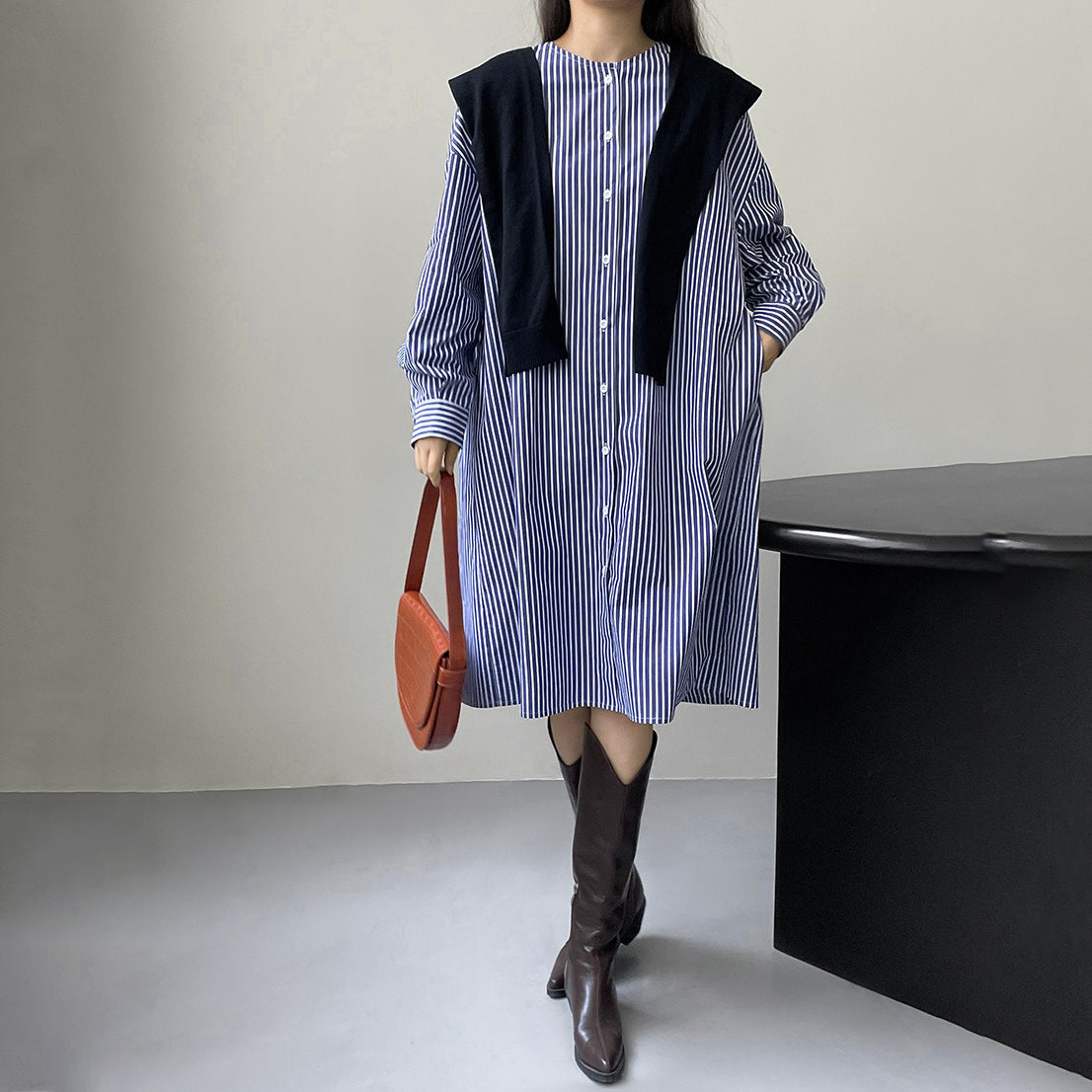 【ワンピース】夏春秋ミドル丈 ストライプ柄 ゆったり シャツ カーディガン 長袖ワンピース【JZシリーズ】