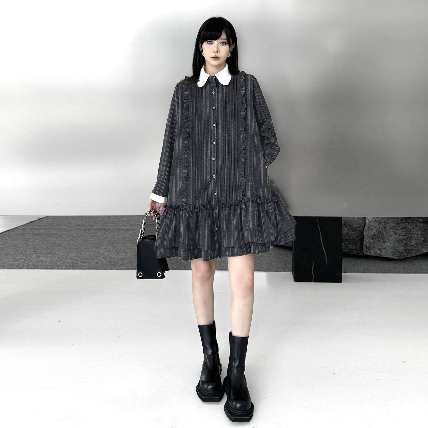 【ワンピース】ミニマル配色 グレーストライプ シャツワンピース 春 長袖 2WAYデザイン【AHシリーズ】