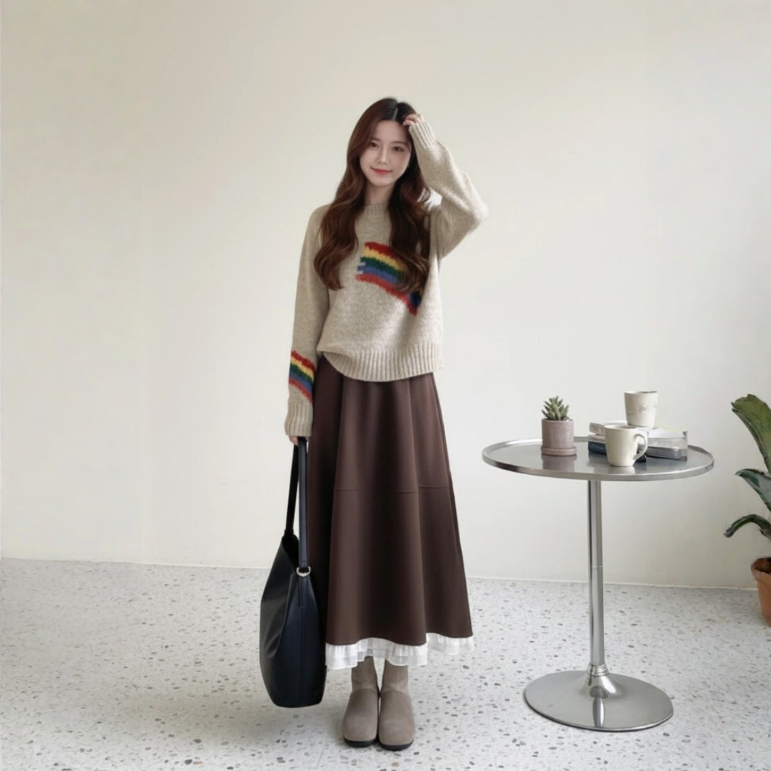 【セットアップ】春 秋 冬 レインボー セーター + スカート 2点上下セット【JZシリーズ】