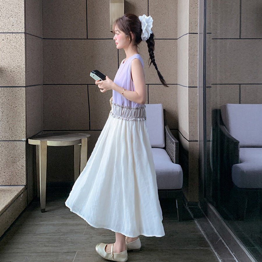 【ワンピース】韓国風 夏 シンプル ゆったり 配色 ノースリーブワンピース