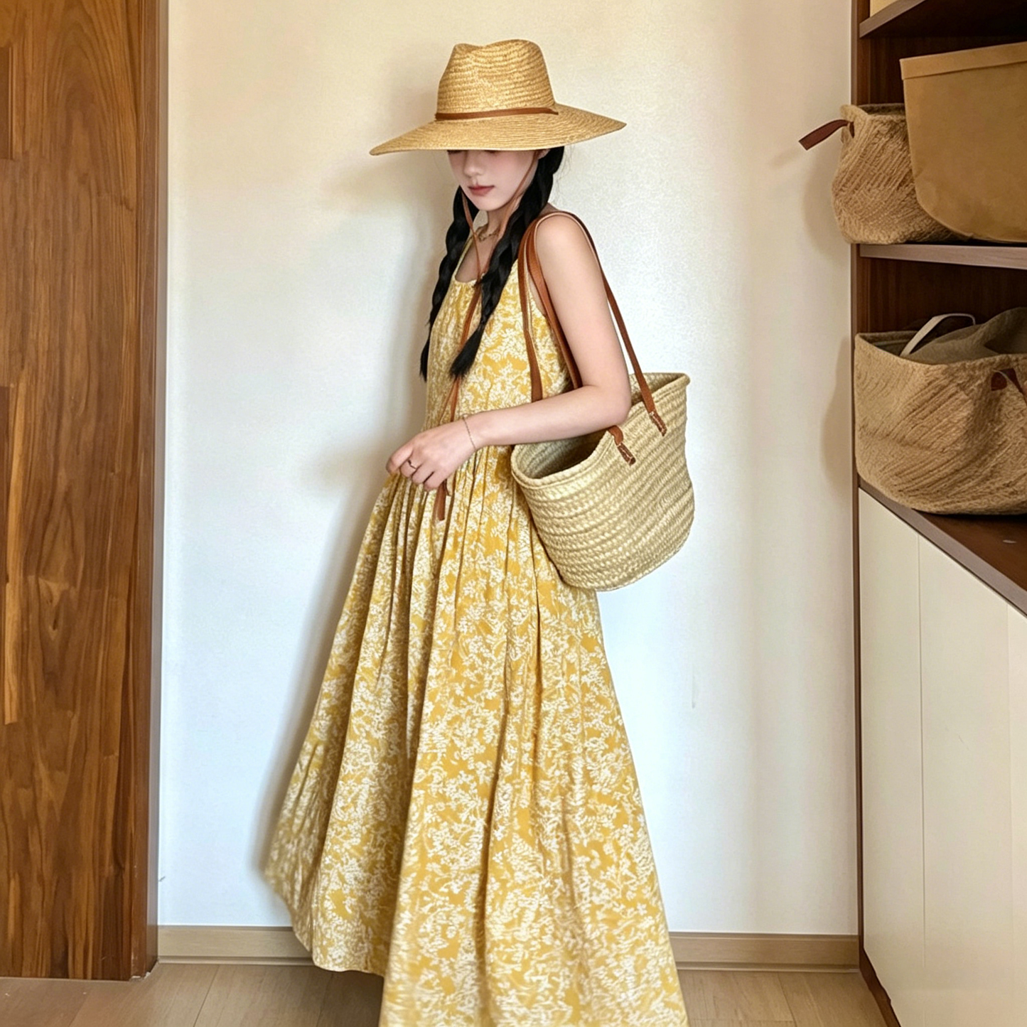 【ワンピース】リゾート風 花柄 ノースリーブ ワンピース レディース 夏 ウエストマーク 着痩せ Uネック ロングワンピース【SHシリーズ】