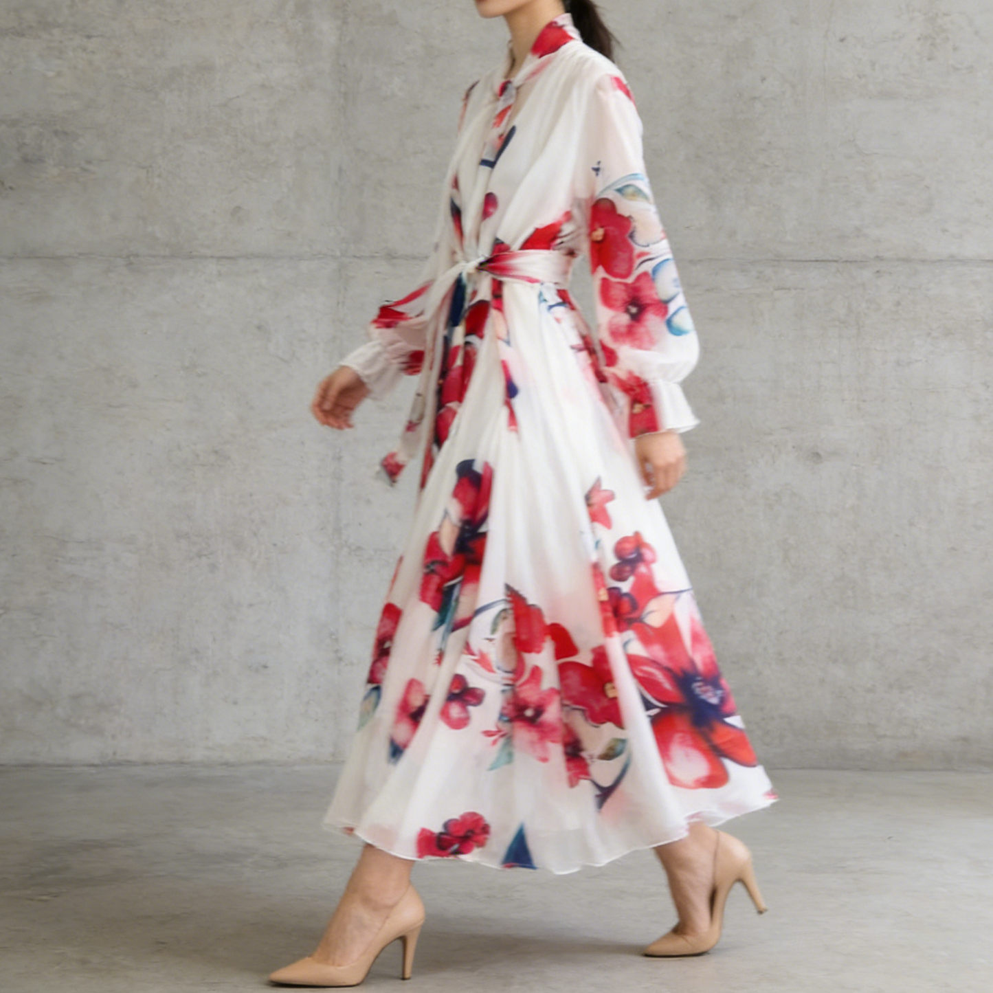 【ワンピース】フレンチエレガンス 気質 レディース シフォン 長袖ワンピース 蝶結びネック フレア 大人可愛い【SHシリーズ】