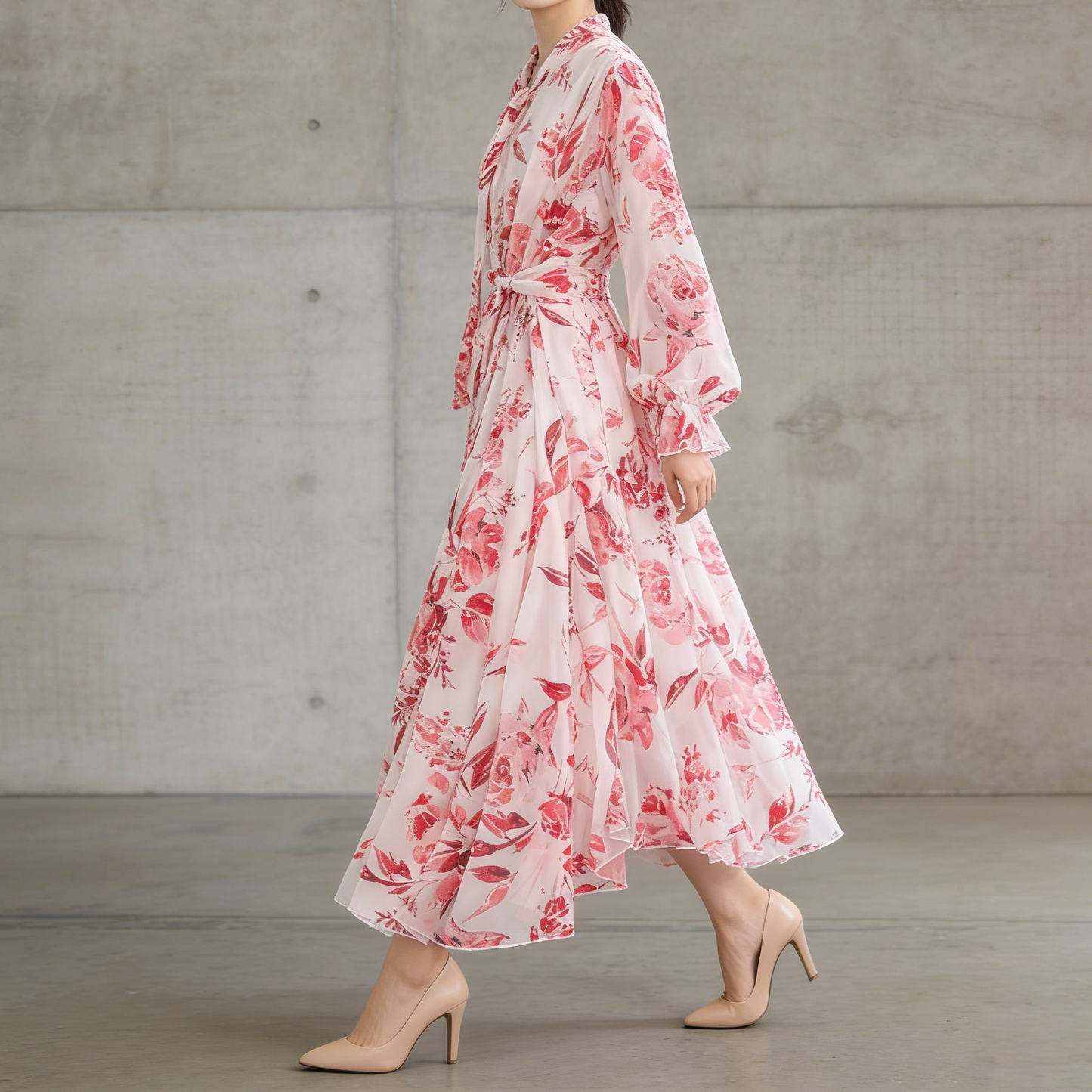 【ワンピース】フレンチエレガンス 気質 レディース シフォン 長袖ワンピース 蝶結びネック フレア 大人可愛い【SHシリーズ】