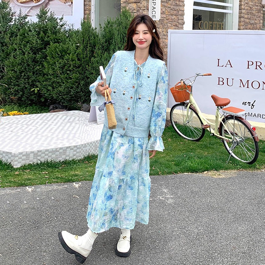 2点セット!【セットアップ】 ニットベスト×花柄 長袖ワンピース フレンチ風 リボン付き 若見えロング丈 セット【SHシリーズ】