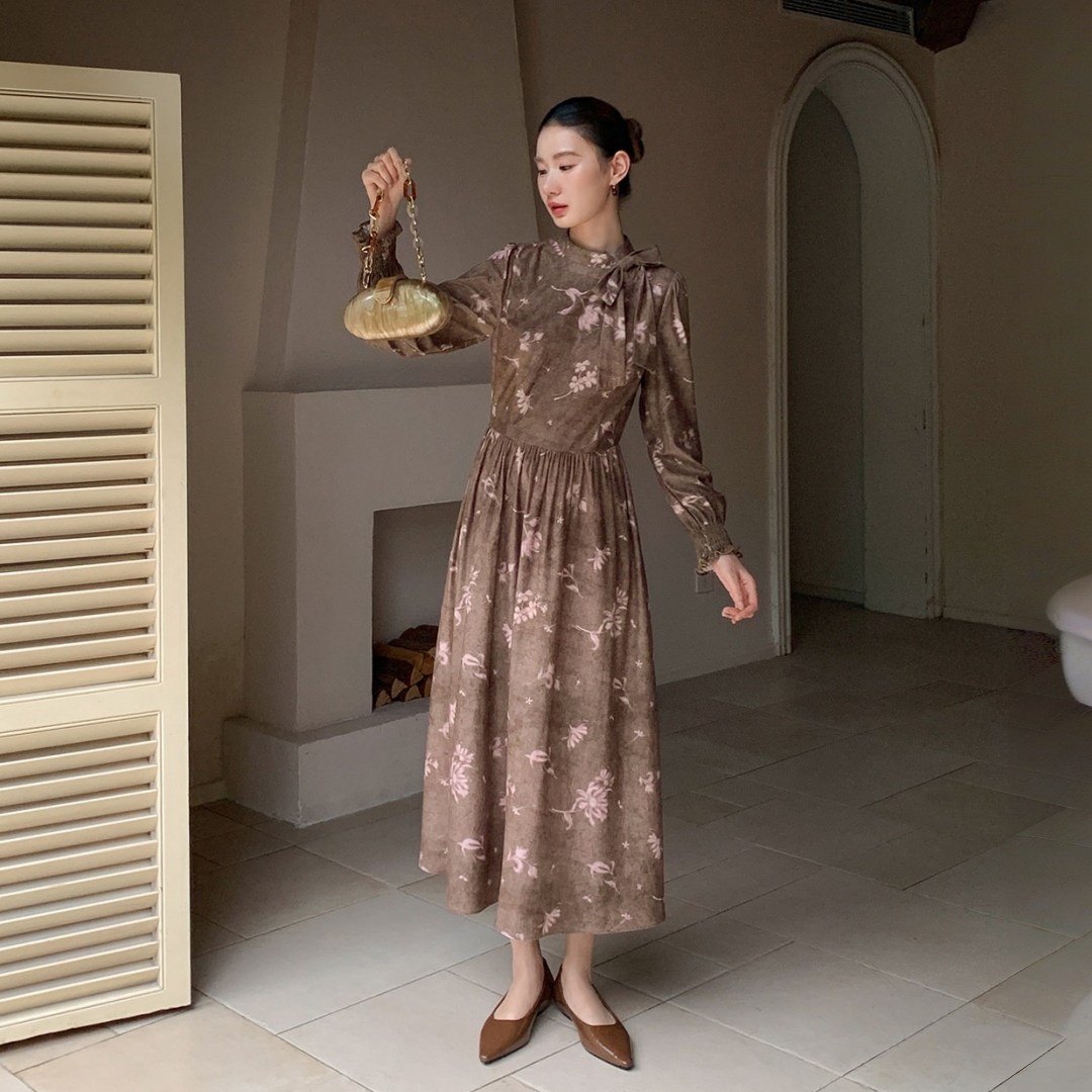 【ワンピース】リボン ウエストシェイプ 通勤用 ロング丈 長袖 ワンピース 【SHシリーズ】