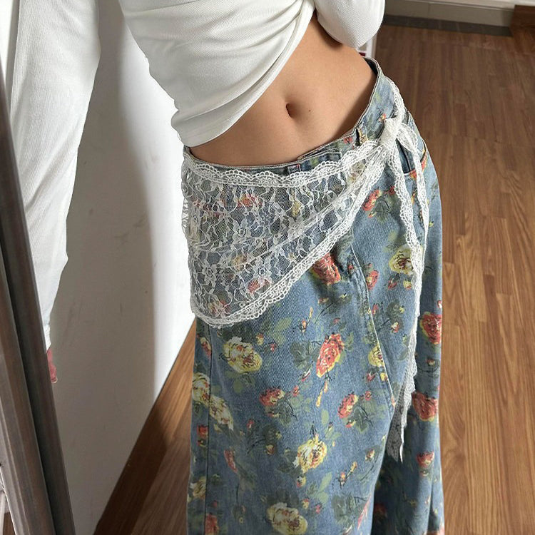 【ボトムス】花柄 アメリカンガール デザイン感 総柄フラワー デニムスカート ヴィンテージ ロング丈 着痩せ レディース【SHシリーズ】