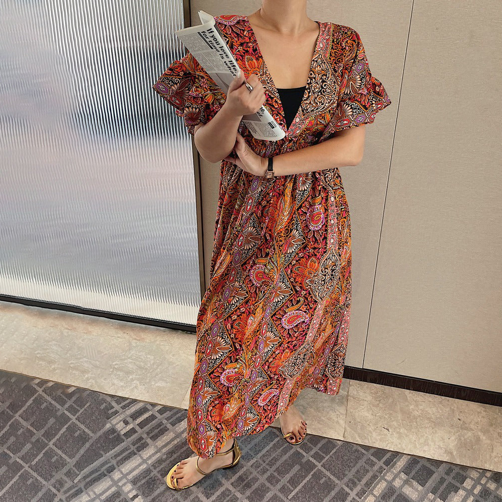 【ワンピース】ヴィンテージ風 レディース Vネック 半袖ワンピース 夏新作 ゆったり ミモレ丈 スリム見え フレンチスタイル【SHシリーズ】