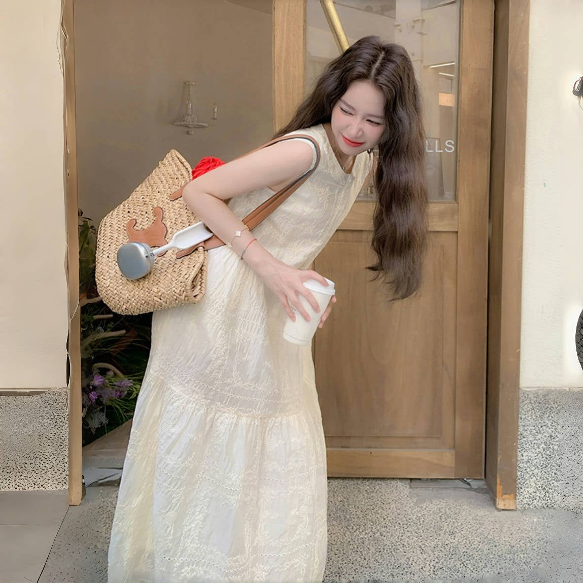 【ワンピース】オフホワイト レース刺繍 ノースリーブ タンク シャツワンピース レディース 夏 フレンチ風 優しげ バカンス デート フェアリー ロングドレス【JZシリーズ】