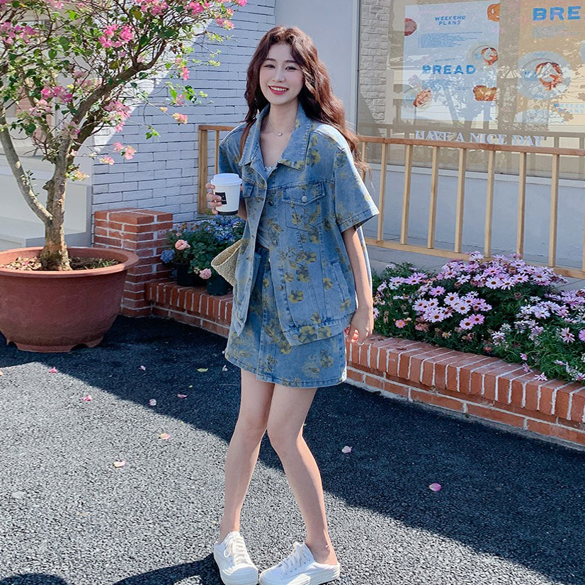 2点セット【セットアップ】超かわいい花柄デニムジャケット+スカート 上下セット レディーストレンド感たっぷり【SHシリーズ】