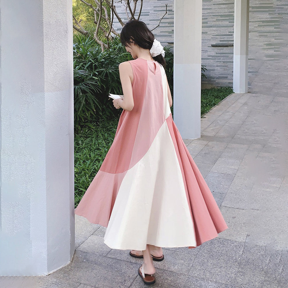 【ワンピース】フレンチエレガンス デザイン性高め リゾート風 夏新作 切り替えノースリーブワンピース【SHシリーズ】