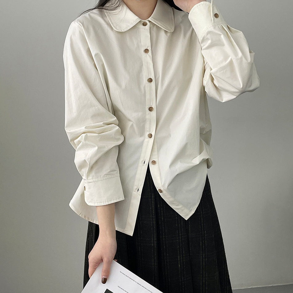 【トップス】無地ドールカラー 日系 ベーシック 春秋 シングルボタン ウォッシュドコットンシャツ【JZシリーズ】