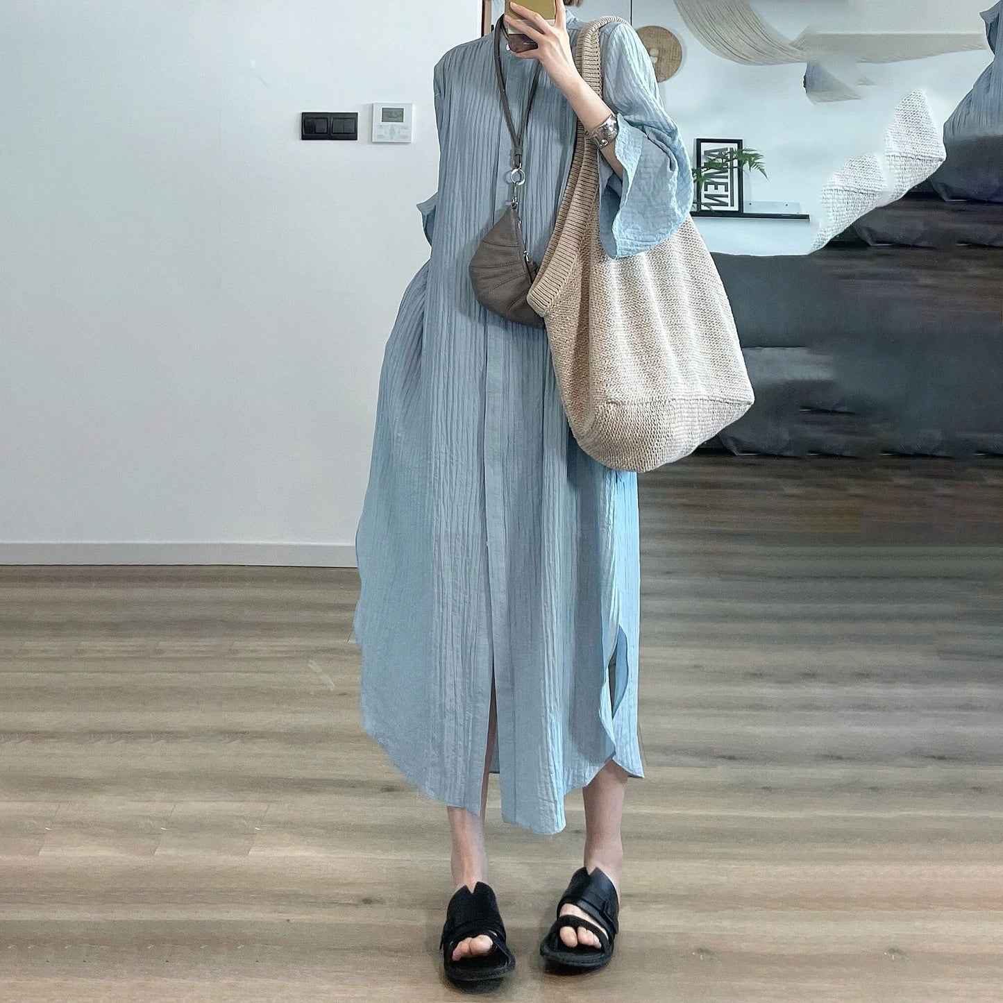 【ワンピース】夏 通勤 無地 やや透け感 ハイウエスト 半袖ワンピース