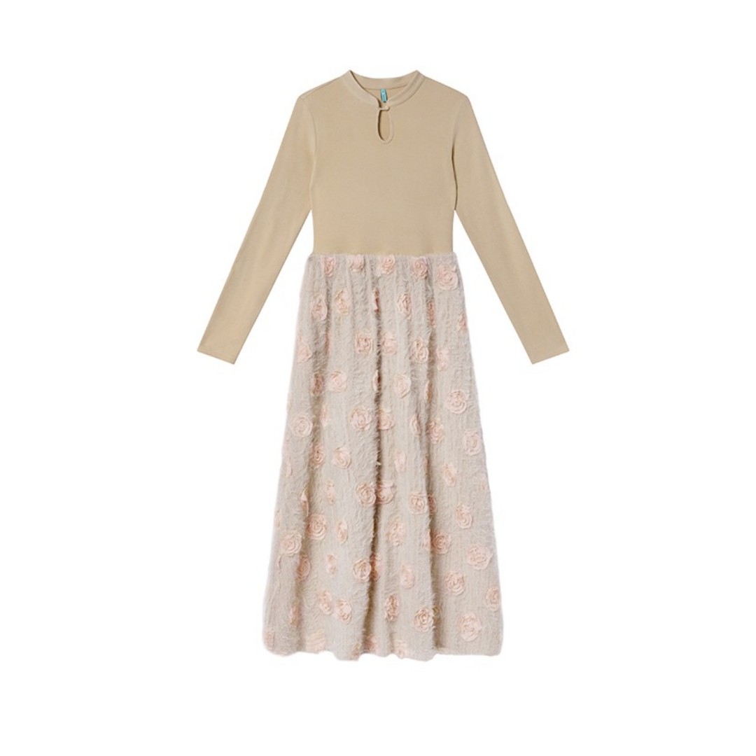 【ワンピース】春 秋 冬 花柄刺繍 細見え インナー 長袖 ワンピース 【JZシリーズ】