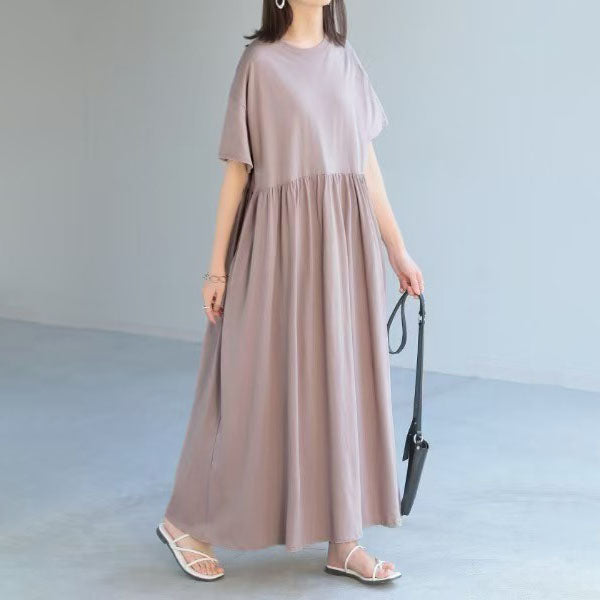 【ワンピース】ジャパニーズスタイル 夏 ポケット付き クルーネック ロング 半袖ワンピース