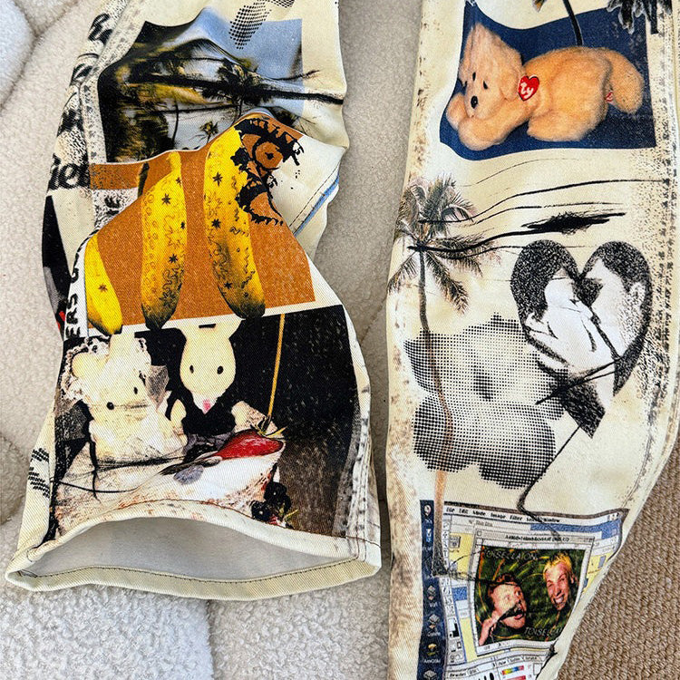 【ボトムス】アメリカンストリート ヴィンテージ加工 グラフィティプリント ウォッシュド ワイドデニムパンツ ユニセックス【SHシリーズ】