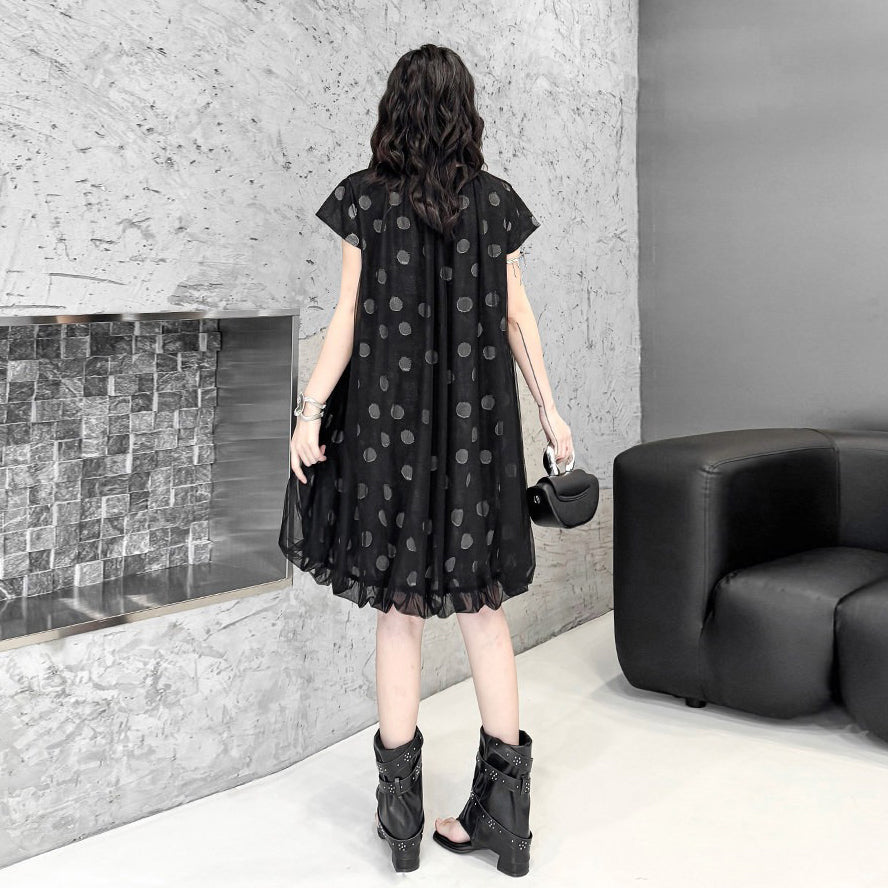 波點網紗拼接半袖連衣裙|夏季寬鬆顯瘦長裙【AH系列】