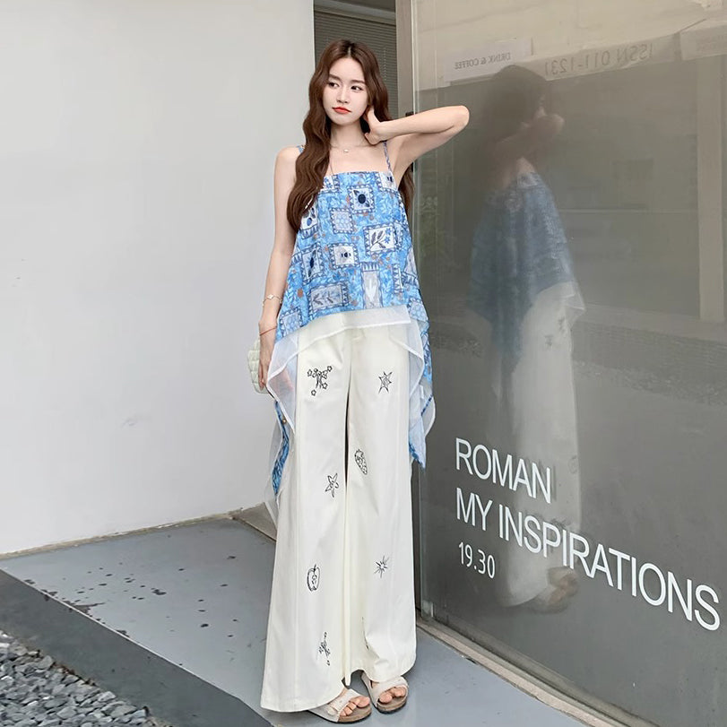 2点セット!【セットアップ】ボヘ風キャミ+パンツ 上下セット レディース 夏 不規則カットデザイン 大人リゾートコーデ【SHシリーズ】