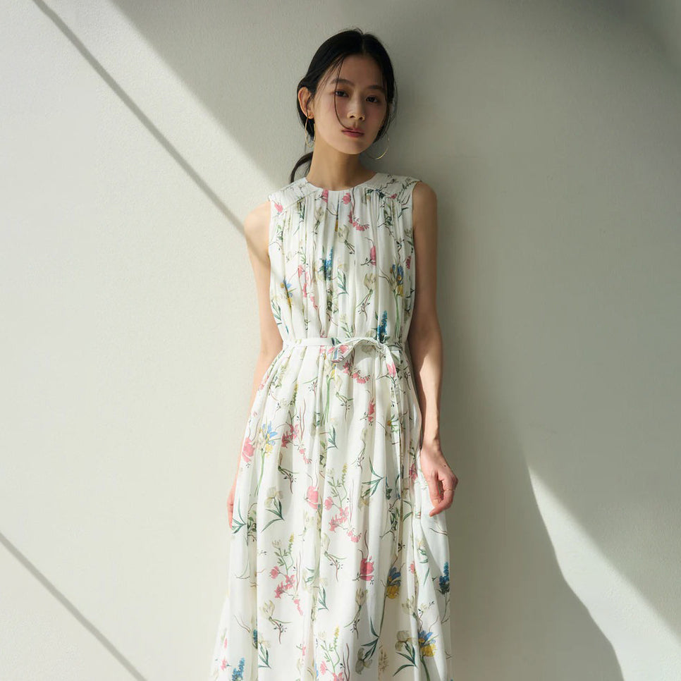 【ワンピース】レトロ花柄 プリーツデザイン ノースリーブワンピース レディース 夏 ゆったり ストレート ロングドレス【SHシリーズ】