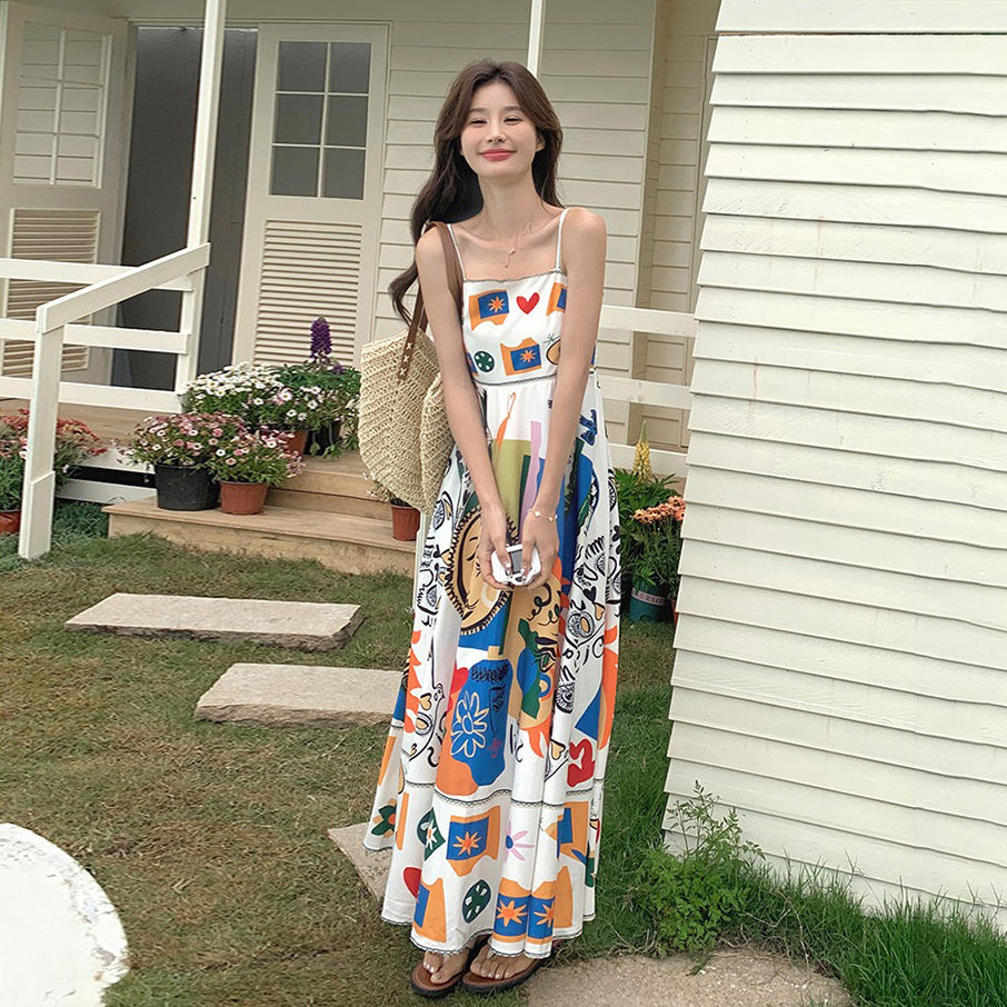 【ワンピース】レトロ油絵プリント ビーチバカンス 夏 高級感 ノースリーブワンピース【SHシリーズ】