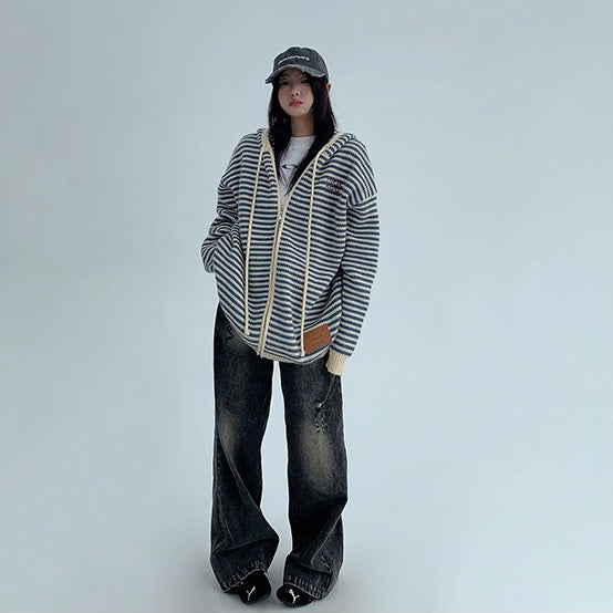 【トップス】ゆるレトロ感♡厚手ボーダーニットパーカー カーディガン レディース 冬の定番アイテム【FCシリーズ】