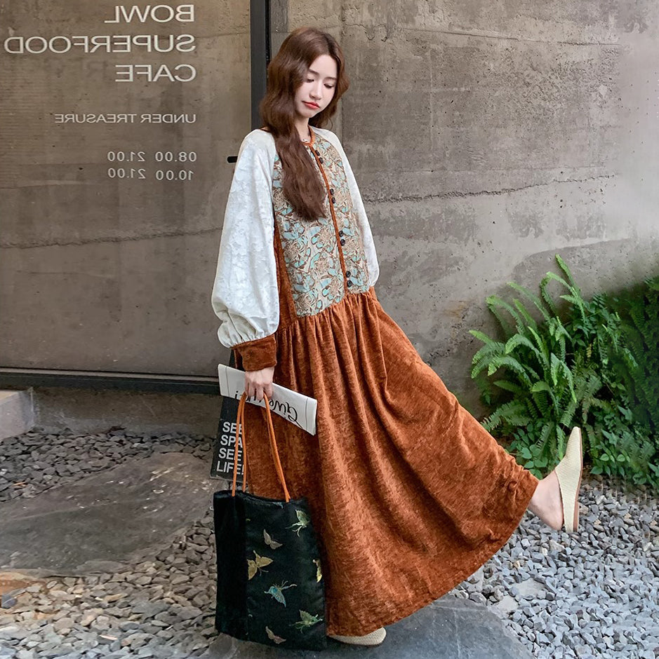 【ワンピース】高級感 プリント切り替えベルベット長袖ワンピース レディース 春秋冬 フレンチエレガントロングドレス【SHシリーズ】