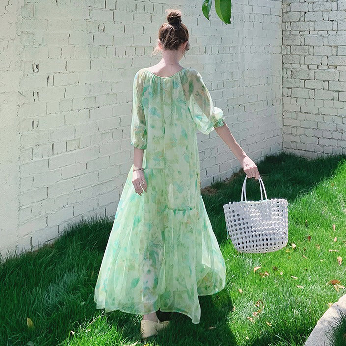 【ワンピース】森ガール風 グリーンぼかし柄 半袖 ワンピース 五分袖 大きめ裾 夏 フレンチリゾート風【SHシリーズ】