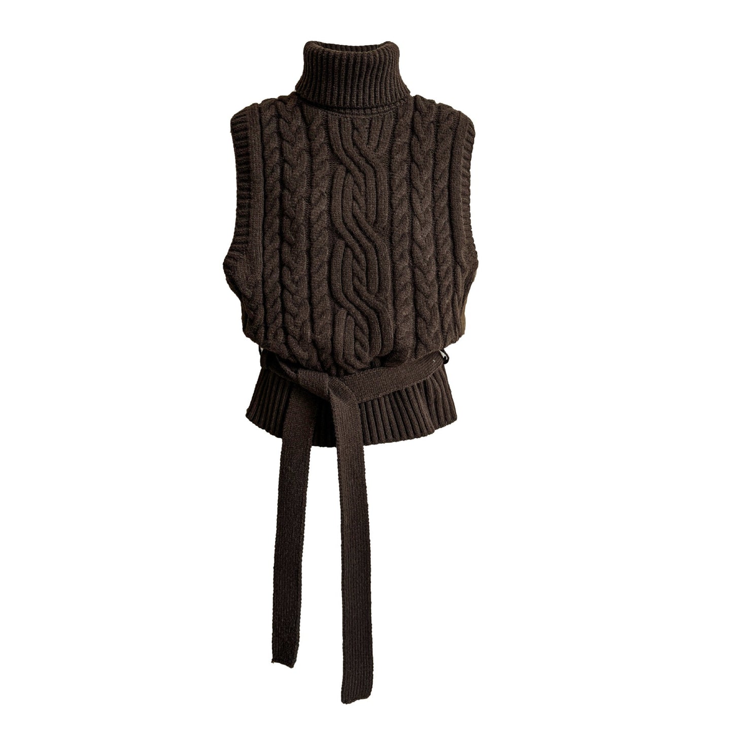 【トップス】春 秋 冬 ハイネック ケーブル ベルト付き ノースリーブ セーター 【JZシリーズ】