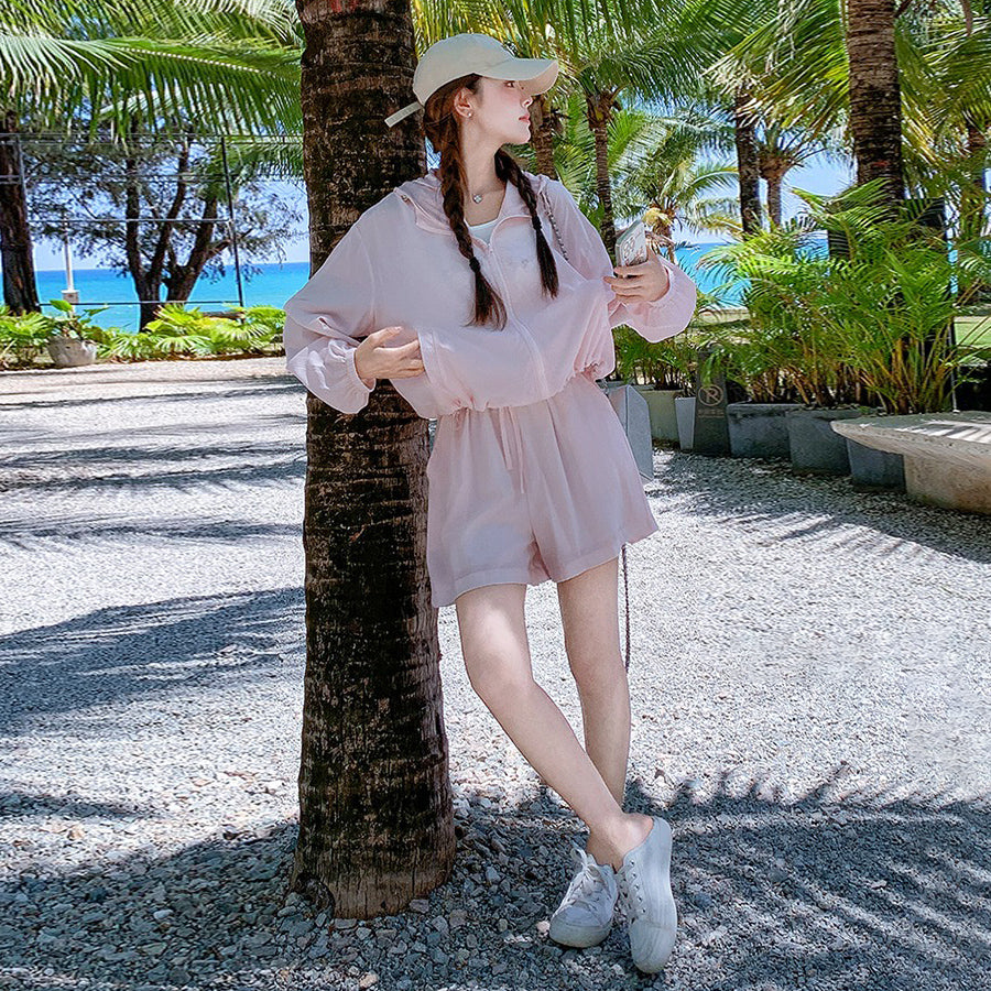 3点セット!【セットアップ】ゆる感たっぷり♡韓国風ピンクUVカットアウター+キャミ+ショーパンセットアップ 夏の注目 上下セット【JZシリーズ】