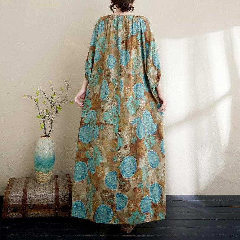 【ワンピース】春夏 ルーズ 体型カバー スリム見え ランタンスリーブ リゾート風 半袖 プリントワンピース【SHシリーズ】