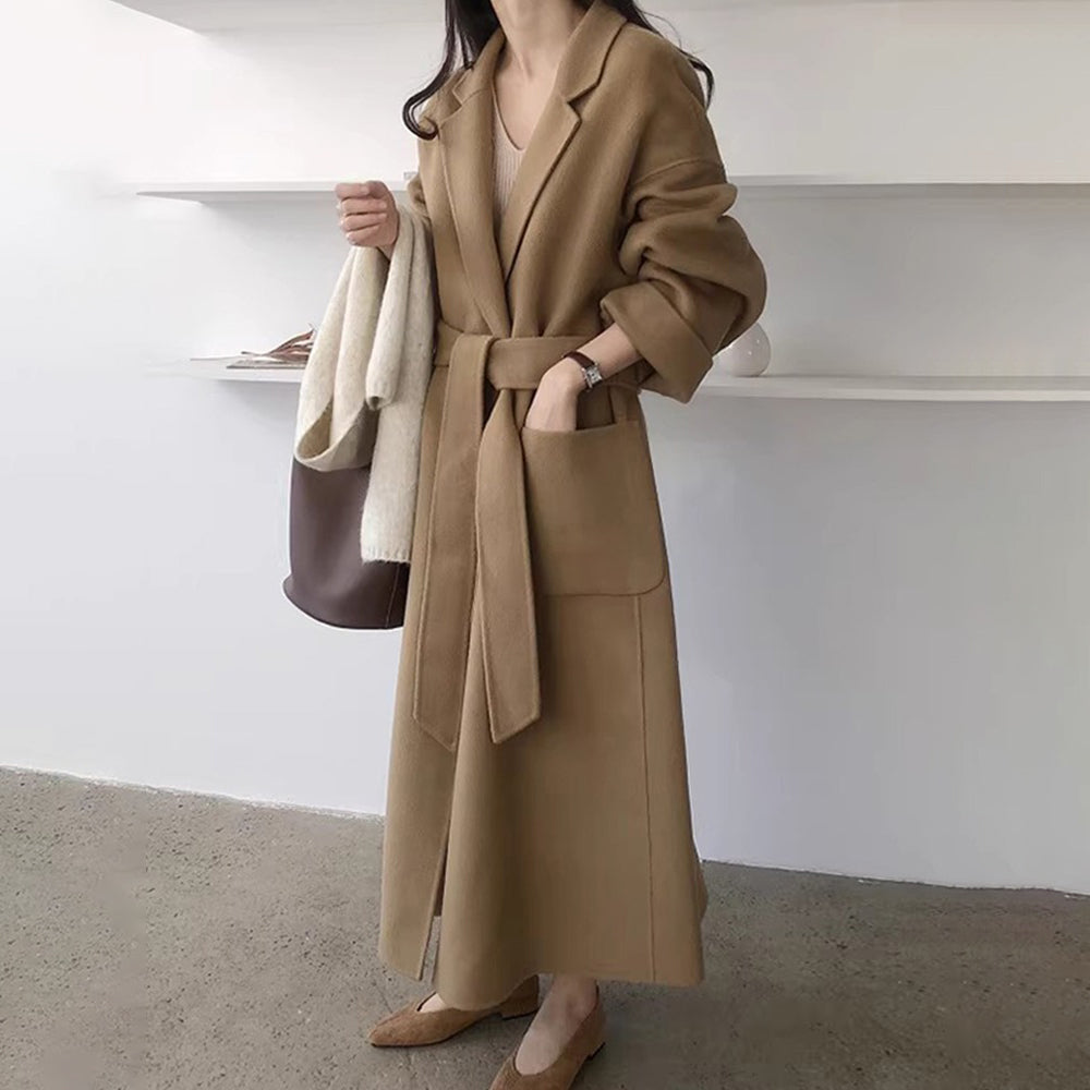 【アウター】韓国シック 高級感 気質 秋冬 大きなポケット ベルト付き ミドル丈 コート