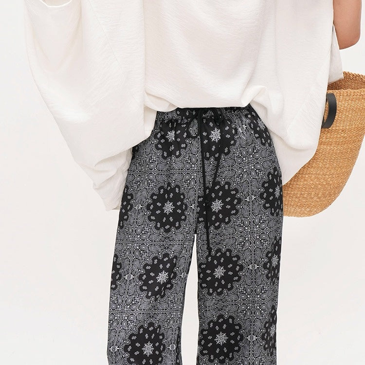 【ボトムス】【15日内発送】夏 アセテート ウエストゴム 九分丈 パンツ 【SHシリーズ】