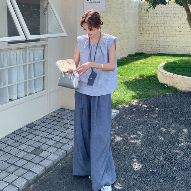 2点セット!【セットアップ】優しい雰囲気 薄手 ベスト+ワイドパンツ 上下セット レディース 夏 韓国風コーデ 若見えセットアップ【JZシリーズ】