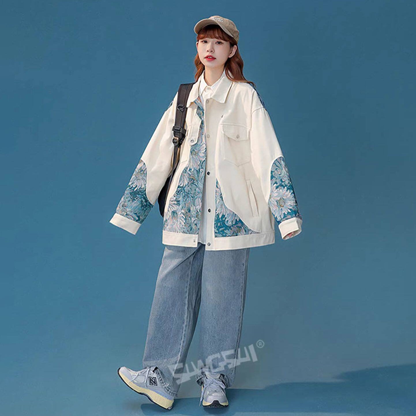 【アウター】花柄 ワーク風 ジャケット レディース INS カジュアル ゆったり ブルゾン【FCシリーズ】