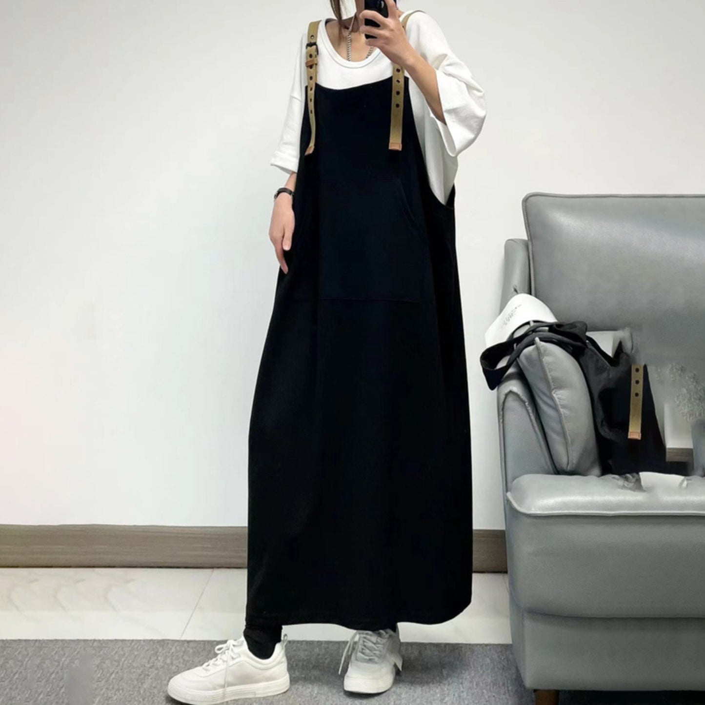 【ワンピース】夏 無地 レトロ サスペンダー ロングノースリーブワンピース